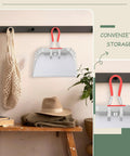 2 Pack 17 Inch Metal Dustpan and Brush Set Heavy Duty Industrial Sweeping Tool with Ergonomic Handle and Stiff Bristles on wall