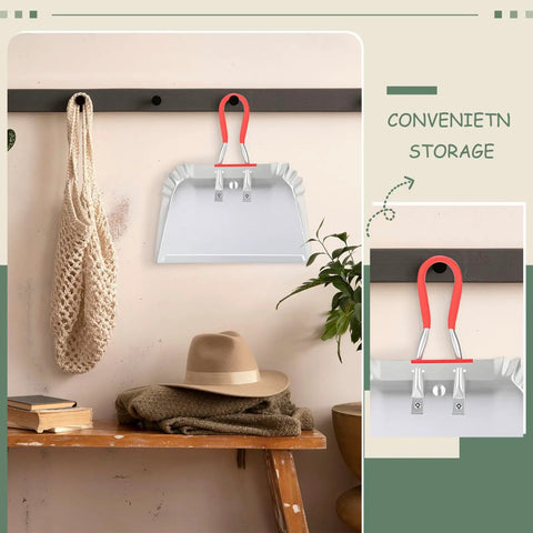 2 Pack 17 Inch Metal Dustpan and Brush Set Heavy Duty Industrial Sweeping Tool with Ergonomic Handle and Stiff Bristles on wall