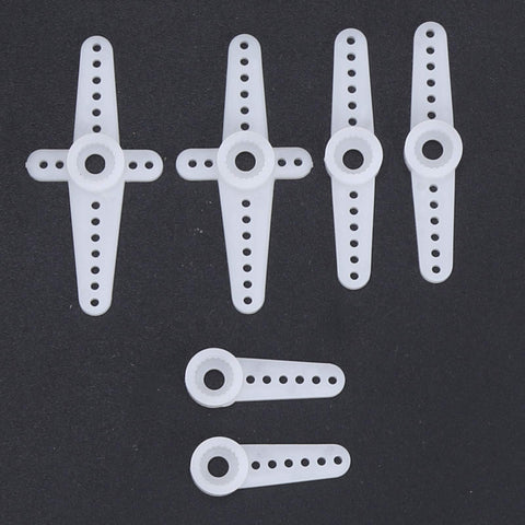 White plastic control horns set for RC models, compatible with Plug And Play 2212 KV2200 Brushless Motor Paired With 40 Amp XT60 ESC Controller And SG90 Servo Plus 6035 Propeller Kit For Durable RC Airplane Mods And Weekend Thrills.