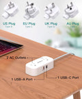 All In One Worldwide Travel Adapter with Dual AC Outlets and USB Ports shown on desk with US, EU, UK, AU plugs