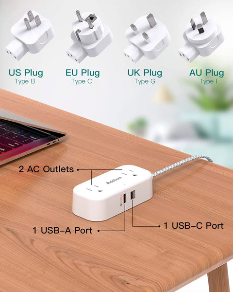 All In One Worldwide Travel Adapter with Dual AC Outlets and USB Ports shown on desk with US, EU, UK, AU plugs