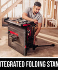Solid 15 Amp 10 Inch Table Saw Featuring Kickass Precision Cuts And Rack And Pinion Fence Rails For Dead On Accuracy Plus Foldaway Legs for easy setup with integrated folding stand.