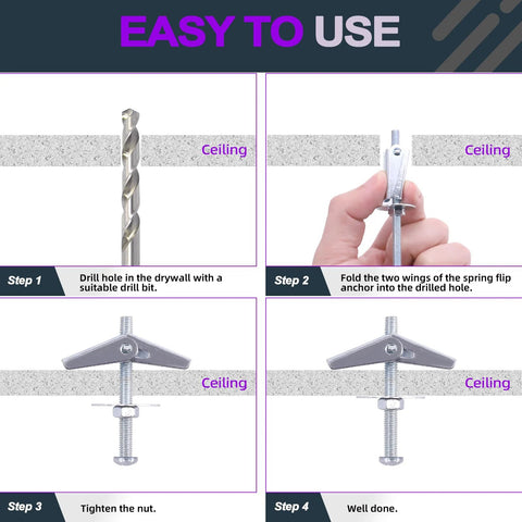 Steps using Heavy Duty Toggle Bolt And Wing Nut Kit 120 Piece Set With 30 Toggle Bolts 30 Wing Nuts for drywall installation