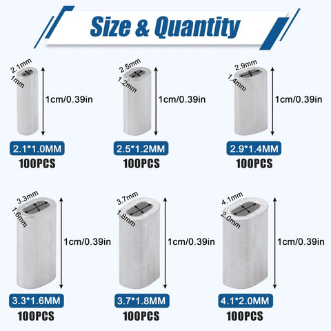 600 Piece Aluminum Fishing Crimp Sleeves Kit With 1mm To 2mm Sizes For Quick Rigging And Leader Tackle Gear diagram