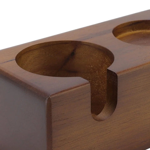 Close-up of Straight Up Solid Beech Wood Coffee Tamper And Protafilter Stand with dock for 51 to 58 MM brewers.