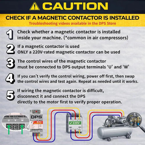 Instructions for checking magnetic contactor installation with diagram related to Single To Three Phase Converter For 1 HP Motors, 200-240V Digital Phase Converter UL Listed, Compact Light Weight, Plug And Play, Delivers Strong Start Up Torque, Dust Moisture Sealed Enclosure For Shop Use.