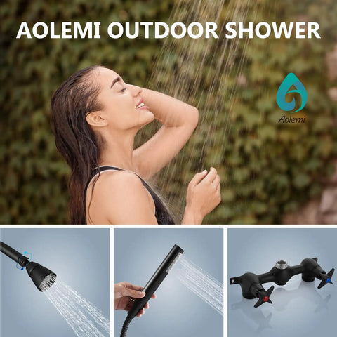 Wall Mount Outdoor Shower Kit With Handheld Spray Rugged Brass And Stainless Steel Fixtures In Matte Black