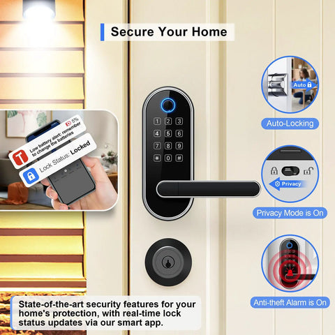Game Changing Keyless Entry Fingerprint Smart Lock With Handle And Keypad For Us Doors, No Sweat Diy Install, Smooth Bluetooth App Control, Real Deal Home Security For Airbnbs And Rentals, Connects Easily With Alexa And Google Home