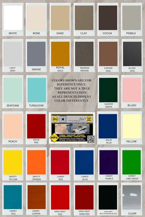 Color chart showing over forty choices for Clear Touch Up Paint For Tile And Appliances Not For High Heat Use DIY Friendly Home Repair Made In The USA.