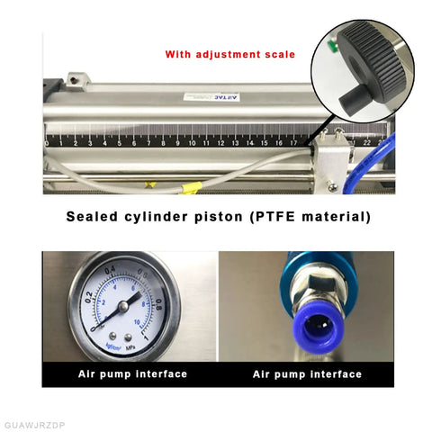 Pro Grade Horizontal Pneumatic Liquid Filling Machine With Slick Auto Piston Action And Stainless Anti Drip Nozzle showing sealed PTFE piston.