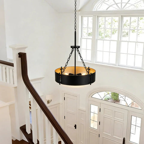 Modern Drum Chandelier With Four Lights In Black And Gold For Dining Room Farmhouse Industrial Pendant Lighting in entryway