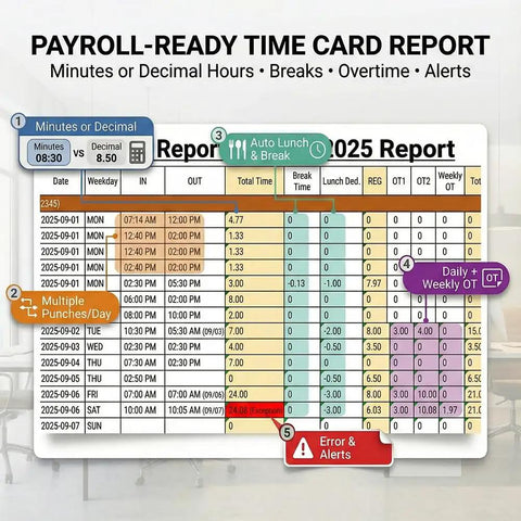 Payroll-ready time card report detailing employee hours, breaks, and overtime for efficient record keeping.