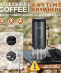 Portable Burr Coffee Grinder For Travel And Camping Cordless Electric Rechargeable Stainless Steel Conical Burr On The Go Espresso Grind 38 Adjustable Grind Settings shown charging outdoors with USB and type C interface.