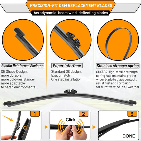 Straight Up Premium Windshield And Rear Wiper Blades For Ford Explorer 2011 To 2026 showing plastic reinforced skeleton and stainless spring.