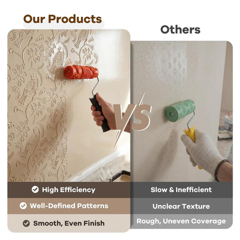 Comparison of 7 Inch Soft Rubber Embossing Paint Roller For Seamless Wall Texturing With Comfort Grip and Reusable Build against other rollers.