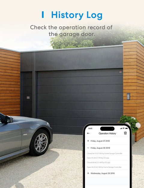 Smart Garage Door Opener Remote With App Control And Alexa SmartThings Compatibility showing operation history on smartphone