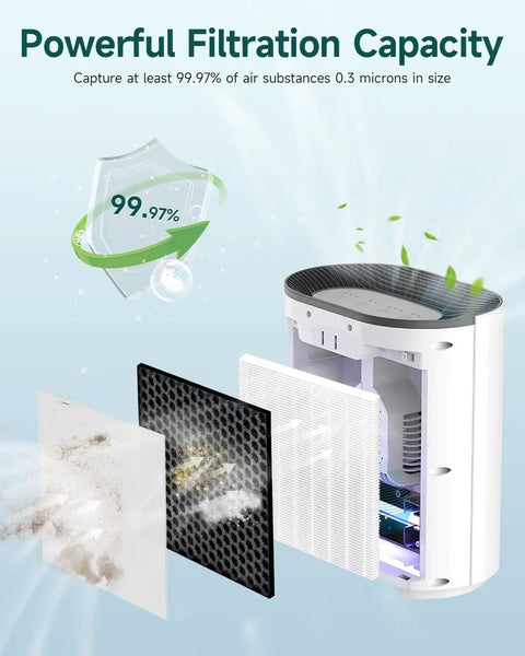 Air purifier with 2 Pack H13 True HEPA Replacement Filters for PureZone showing 2 filters and prefilter efficiency 99.97%