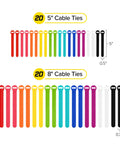 Self-Gripping Cable Ties Set, Multi-Color 40 Pack, Reusable Hook And Loop Cable Wraps For Cord Management, 5 Inch And 8 Inch Straps