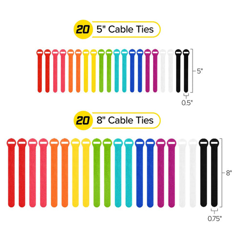 Self-Gripping Cable Ties Set, Multi-Color 40 Pack, Reusable Hook And Loop Cable Wraps For Cord Management, 5 Inch And 8 Inch Straps
