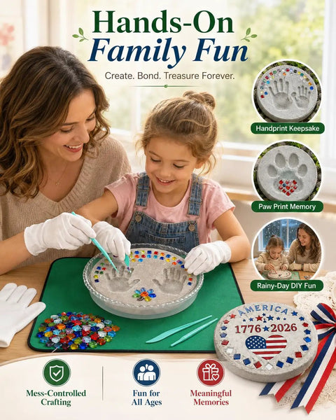 Mother and daughter creating stepping stones with Kids DIY Stepping Stones Kit with 3 10 Inch Round Molds and 370 Plus Mosaic Tiles.