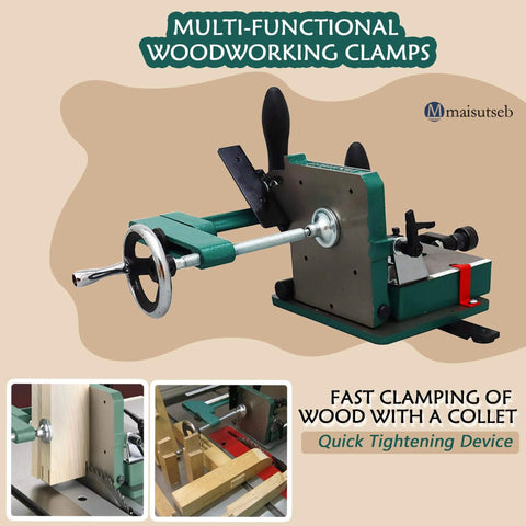 Pro Grade Mortise And Tenon Jig For Table Saw With Quick Tightening Clamp displayed with multi-functional woodworking clamps