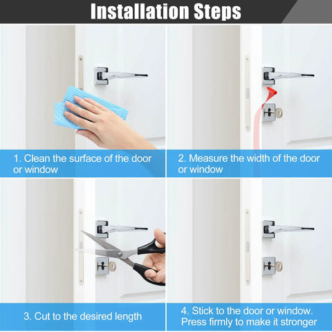 Installation steps for 2 Inch By 20 Foot Silicone Draft Seal Tape For Doors And Windows on white door.