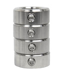 Built Like A Tank 5/8 Bore Stainless Steel Set Screw Shaft Collar With Locked Down Grip Design Featuring 1 1/8 OD And Half Inch Width For Heavy Machinery Setup In A Tough 4 Pack Bundle, showing four stainless steel collars stacked.