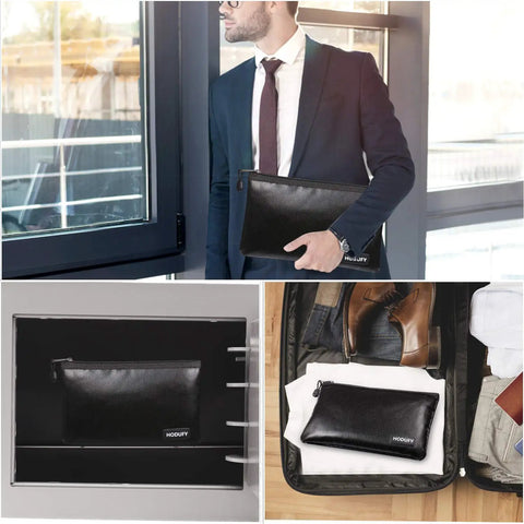 Man holding Fireproof Money Bag for Home and Office With Two Style Options Hanging Strap and Hook Loop Closures, black color.