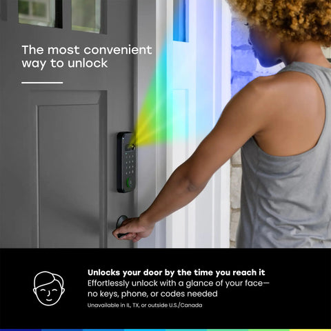 Top Shelf 3 In 1 Smart Lock With 2K Hdr Video Doorbell Camera Featuring Facial Recognition Fingerprint Pin And App Control Color Night Vision And Two Way Audio For No Fuss Home Security, person unlocking front door.
