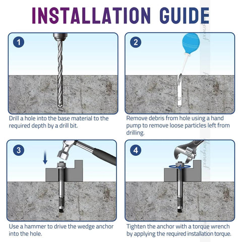 Installation guide for 1/2 Inch Concrete Anchors With Washer And Nut Zinc Plated Carbon Steel Wedge Anchors 3 Inch Length