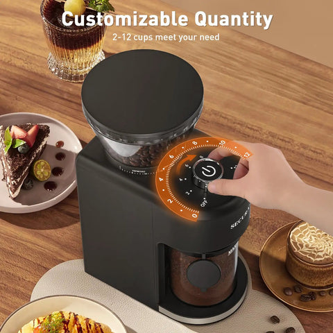 Game Changing Stainless Steel Conical Burr Coffee Grinder With Thirty Five Quick Grind Settings And One Touch Switch hands adjusting grind size dial.