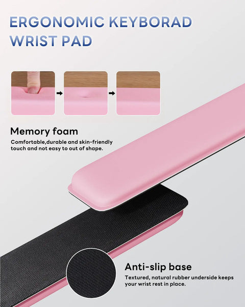 Ergonomic Keyboard Wrist Rest Stand for Desktop With Tilted Riser And Comfy Wrist Pad For Comfortable Typing At Office Home Or School Pink For All Day Comfort with memory foam and anti-slip base.