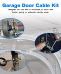 Garage Door Cable Replacement Kit for Overhead Sectional Doors With Four Beefy 3 Inch Heavy Duty Pulleys And Two Galvanized Seven By Seven One Eighth Inch Aircraft Cables, Twelve Fasteners, Built For Torsion And Extension Spring Systems displayed with installation details.