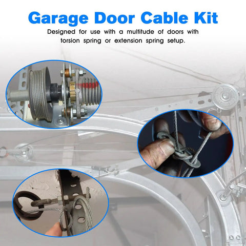 Garage Door Cable Replacement Kit for Overhead Sectional Doors With Four Beefy 3 Inch Heavy Duty Pulleys And Two Galvanized Seven By Seven One Eighth Inch Aircraft Cables, Twelve Fasteners, Built For Torsion And Extension Spring Systems displayed with installation details.