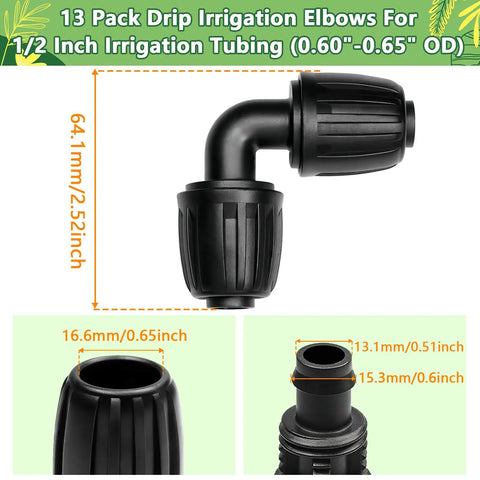 Half Inch Drip Irrigation Elbow Fittings 13 Pack Barbed Elbow Connectors For One Half Inch Drip Tubing with Anti Drop Lock Nut