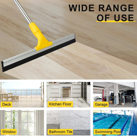 All In One Floor Scrubber Squeegee With Long Stainless Steel Handle, Heavy Duty Rubber Silicone Blade for multiple surface use.