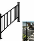 Heavy Duty Black Deck Railing Kit With Reinforced Aluminum Posts And Code Compliant Handrails featuring a straight stair railing angle.
