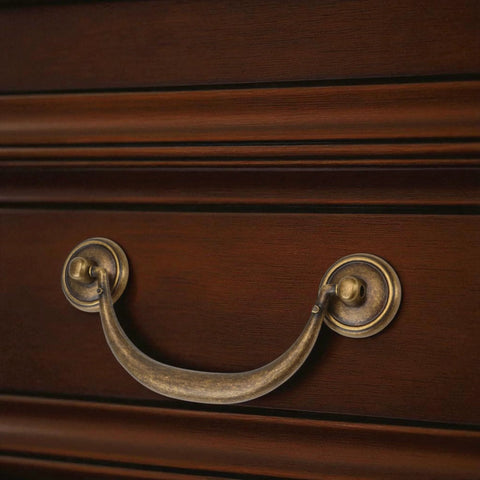 Vintage Drop Bail Drawer Pull Handle In Antique Bronze Finish, 4.5 Inch Center Hole Distance 114mm, on dark wooden cabinet