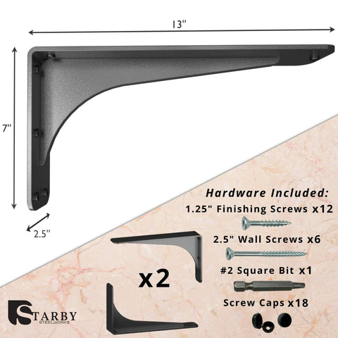 Diagram showing Gladiator Series Sleek Yet Steady Heavy Duty Welded 500 Lb Low Profile Granite Countertop Support Shelf Brackets, 7x13x2.5 in.