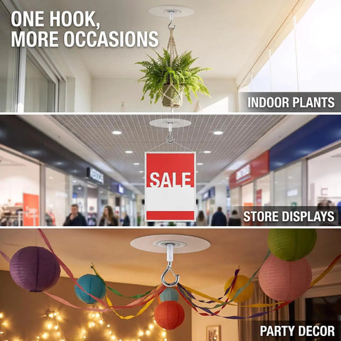 Heavy Duty Peel And Stick Ceiling Hooks Two Pack Rock Solid Grip With Safety Clasp Zero Hassle Install for hanging indoor plants, store displays, and party decor.