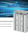 Double Acting Pneumatic Cylinder With Three Rods, 12mm Bore, 40mm Stroke, heavy duty aluminum alloy body in focus