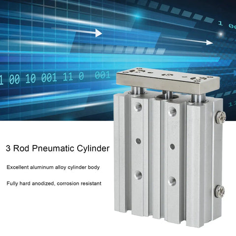 Double Acting Pneumatic Cylinder With Three Rods, 12mm Bore, 40mm Stroke, heavy duty aluminum alloy body in focus