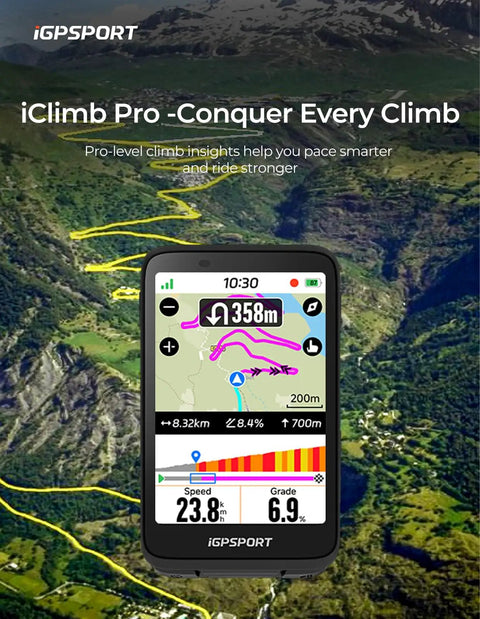 iGPSPORT iClimb Pro GPS bike computer displaying a climb route and performance data on a mountainous background