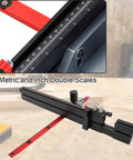 Rugged Aluminum Table Saw Miter Gauge Designed With Reliable Flip Stop Fence and Rapid Adjustable Locks showing metric and inch double scales.