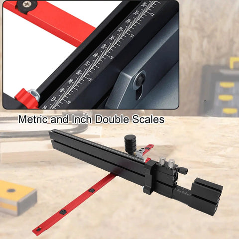 Rugged Aluminum Table Saw Miter Gauge Designed With Reliable Flip Stop Fence and Rapid Adjustable Locks showing metric and inch double scales.