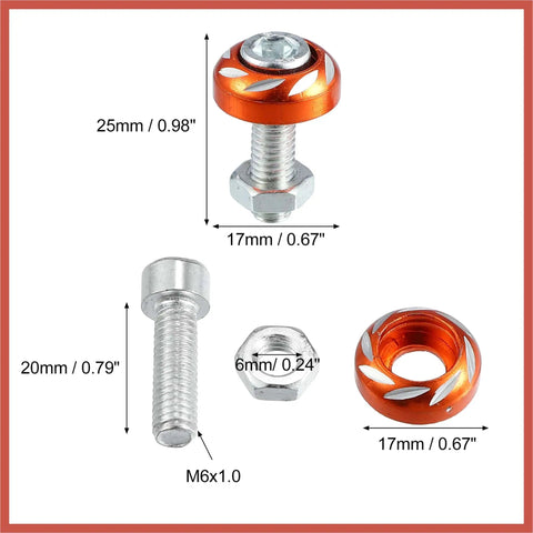 4 Pack Aluminum Alloy License Plate Bolt Screws Nuts For Cars And Motorcycles Orange M6x1.0 6mm Thread 20mm Long 25x17mm