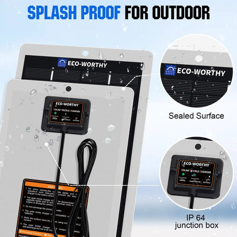 12 Volt Solar Battery Charger Waterproof Portable Power Panel Trickle Charger Maintainer For Car Truck Boat RV Motorcycle Marine Trailer Battery Plug And Play On The Go showing splash proof surface
