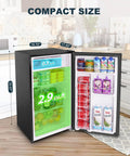 Upstreman 3.2 cu ft mini fridge with freezer; front view shows dual compartments for drinks and snacks.