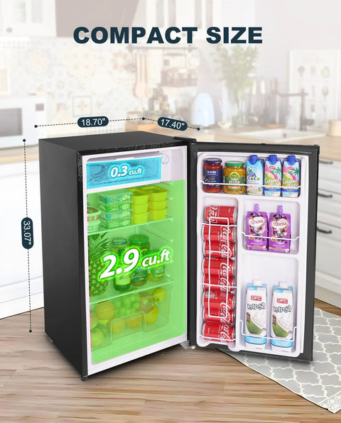 Upstreman 3.2 cu ft mini fridge with freezer; front view shows dual compartments for drinks and snacks.