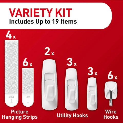 Damage Free Hanging Variety Pack with ten pairs of picture hanging strips, six wire hooks, eight utility hooks displayed on red background